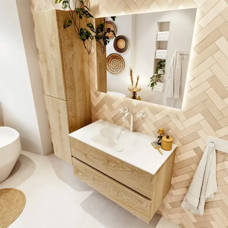Aanbieding Mondiaz Vica badmeubel 90cm washed oak 2 lades met wastafel cloud midden 1 kraangat