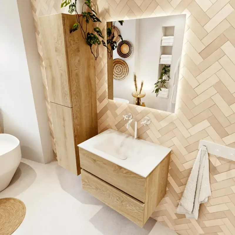 Mondiaz Vica badmeubel 70cm washed oak 2 lades met wastafel cloud midden 1 kraangat Direct Verzonden