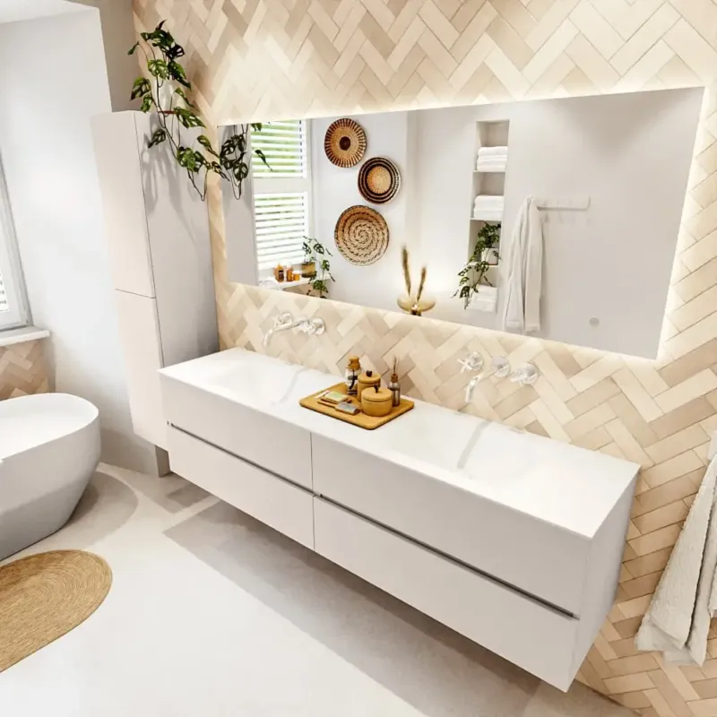 Mondiaz Vica badmeubel 190cm linen 4 lades met wastafel cloud dubbel zonder kraangat Laatste Versie
