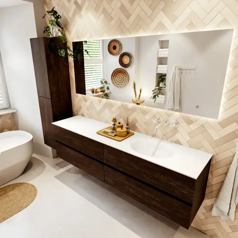 Mondiaz Vica badmeubel 190cm dark brown 4 lades met wastafel moon rechts zonder kraangat Speciale Aanbieding