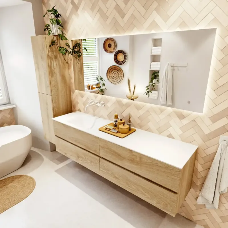 Mondiaz Vica badmeubel 180cm washed oak 4 lades met wastafel cloud links zonder kraangat Rechtstreeks Van De Fabrikant