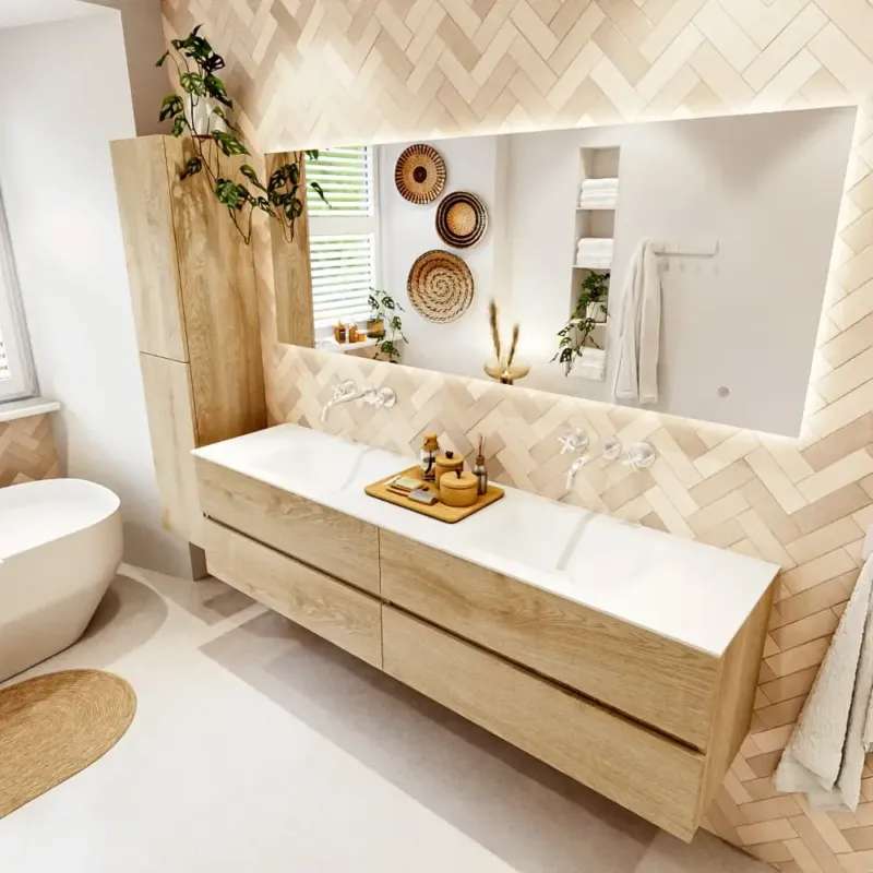 Actieprijs Mondiaz Vica badmeubel 190cm washed oak 4 lades met wastafel cloud dubbel zonder kraangat