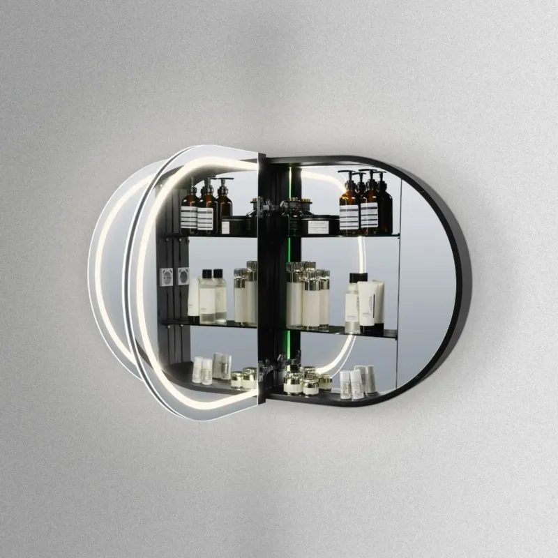 Express Levering Hipp Design 91000 ovale spiegelkast mat zwart met verlichting en verwarming 120x70cm