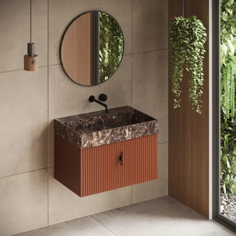 Muebles Zahora badmeubel ribbelfront 80cm terracotta met Dark Emperador wastafel zonder kraangat Op = Op