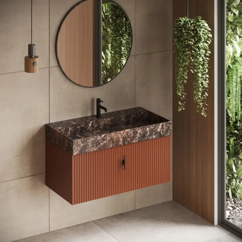 Muebles Zahora badmeubel ribbelfront 100cm terracotta met Dark Emperador wastafel met kraangat Nu Kopen