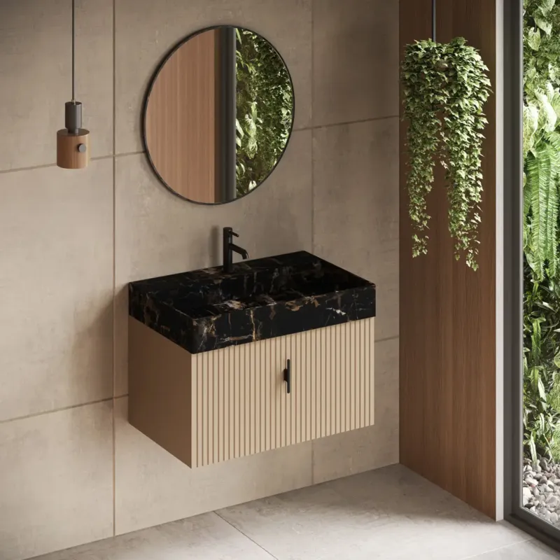Muebles Zahora badmeubel ribbelfront 80cm macchiato met Portoro Gold wastafel met kraangat Lage Kosten