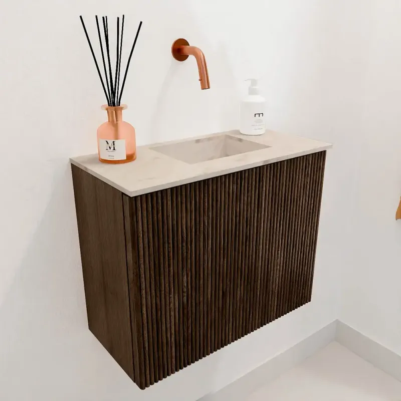 Alleen Vandaag Mondiaz Joya DLux 50cm toiletmeubel walnut met wastafel faye rechts zonder kraangat frappe