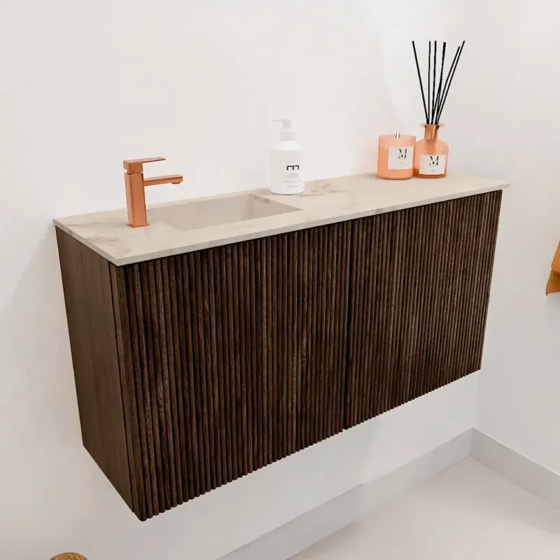 Actieprijs Mondiaz Joya DLux 80cm toiletmeubel walnut met wastafel faye links 1 kraangat frappe
