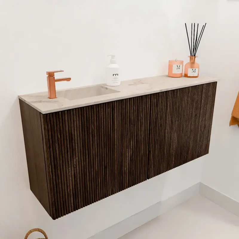 Aanbieding Mondiaz Joya DLux 90cm toiletmeubel walnut met wastafel faye links 1 kraangat frappe