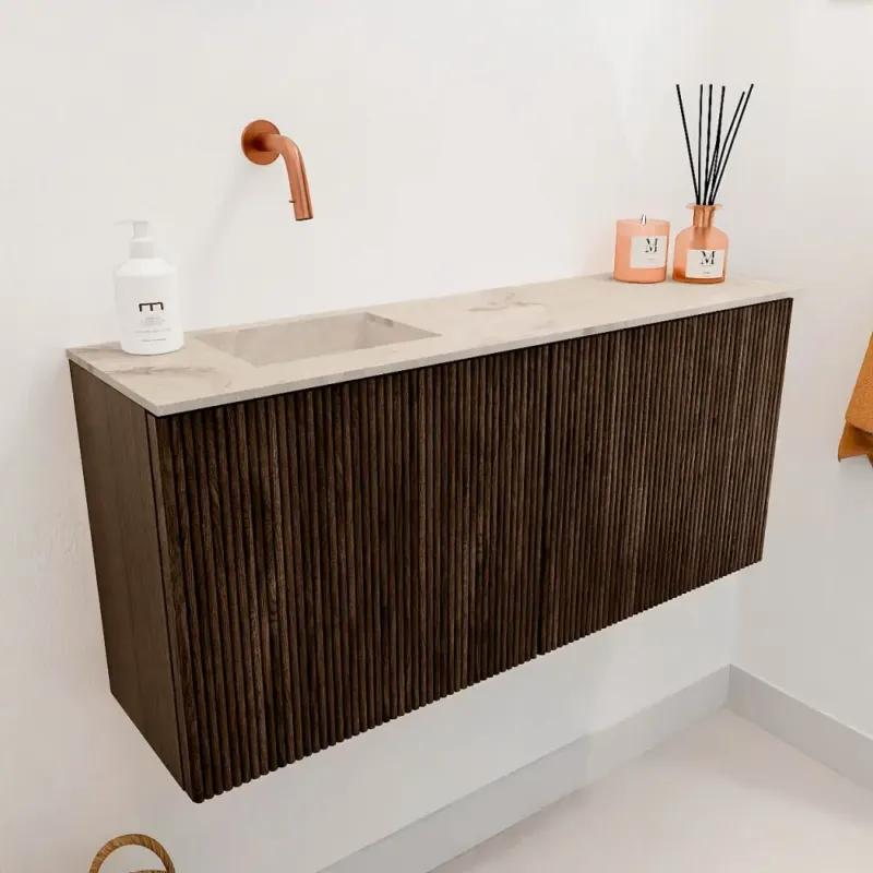 Snelle Levering Mondiaz Joya DLux 90cm toiletmeubel walnut met wastafel faye links zonder kraangat frappe