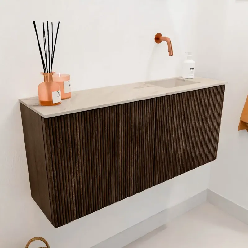 Mondiaz Joya DLux 90cm toiletmeubel walnut met wastafel faye rechts zonder kraangat frappe Tijdelijk Beschikbaar