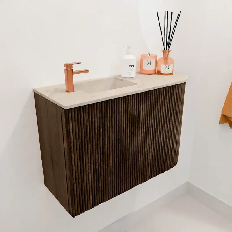Mondiaz Joya DLux 60cm toiletmeubel ronding rechts walnut met wastafel faye links 1 kraangat frappe Seizoensaanbieding
