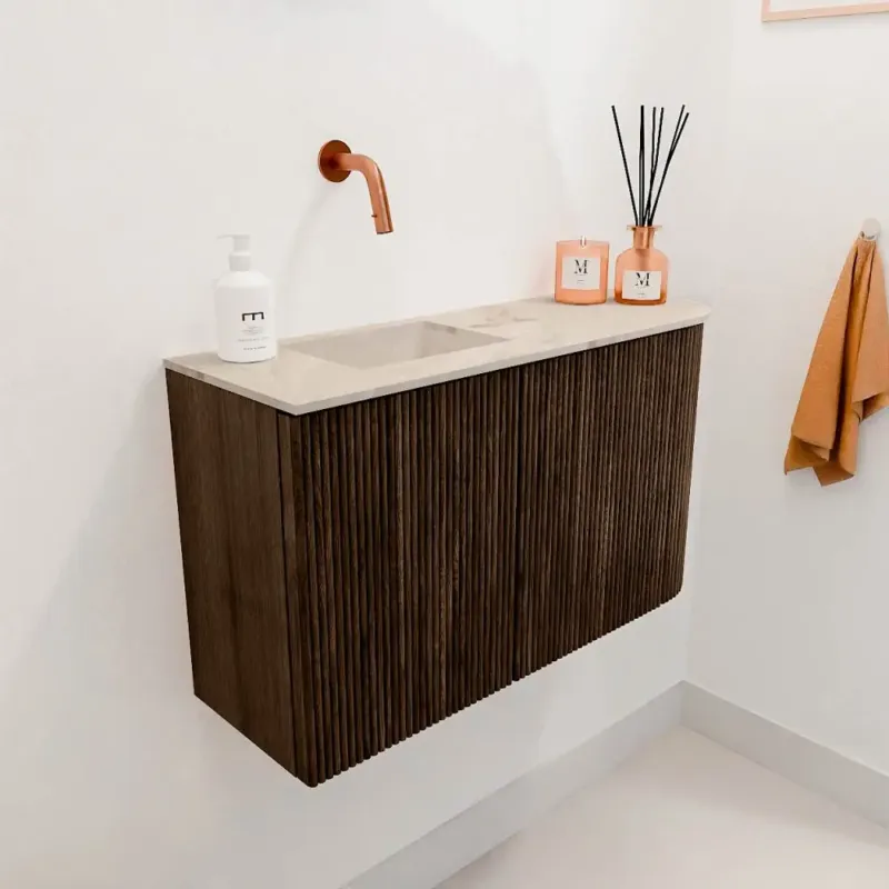 Mondiaz Joya DLux 70cm toiletmeubel ronding rechts walnut met wastafel faye links zonder kraangat frappe Populair
