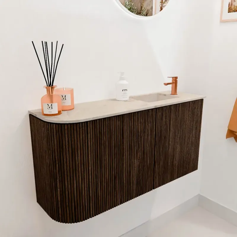 Mondiaz Joya DLux 80cm toiletmeubel ronding links walnut met wastafel faye rechts 1 kraangat frappe Gecertificeerd