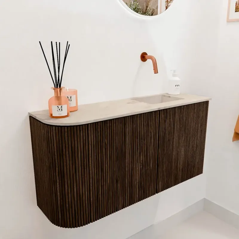 Mondiaz Joya DLux 80cm toiletmeubel ronding links walnut met wastafel faye rechts zonder kraangat frappe Must-Have