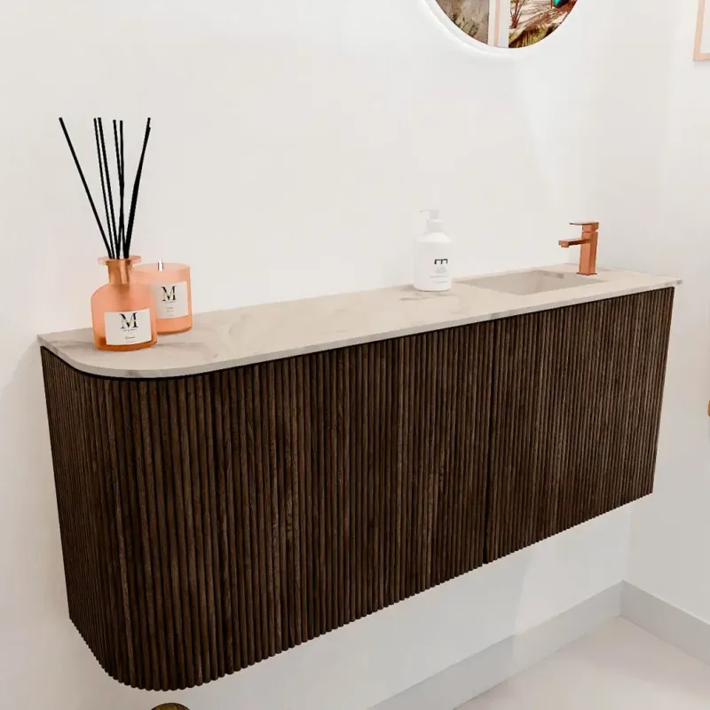 Mondiaz Joya DLux 100cm toiletmeubel ronding links walnut met wastafel faye rechts 1 kraangat frappe Fabrieksprijs