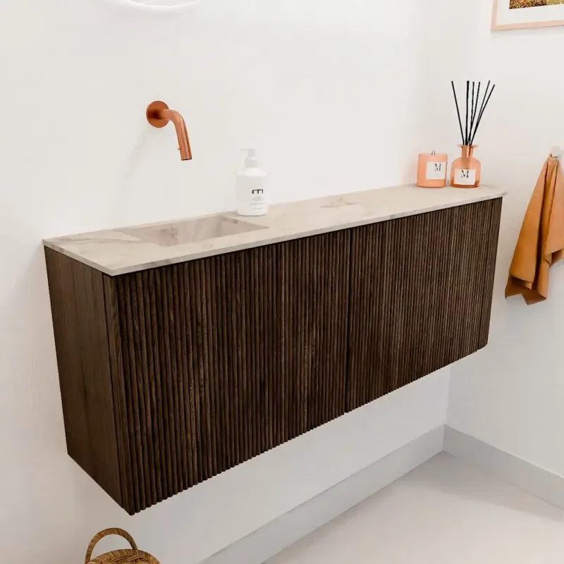 Op = Op Mondiaz Joya DLux 110cm toiletmeubel ronding rechts walnut met wastafel faye links zonder kraangat frappe