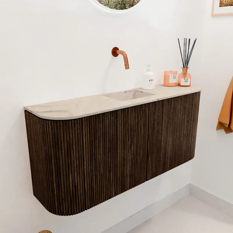 Aanbieding Mondiaz Joya DLux 95cm toiletmeubel ronding links/rechts walnut met wastafel faye midden zonder kraangat frappe