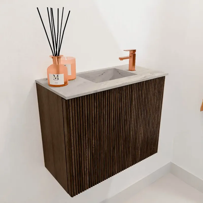 Beperkt Aanbod Mondiaz Joya DLux 50cm toiletmeubel walnut met wastafel faye rechts 1 kraangat glace