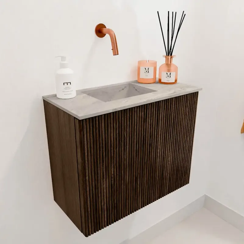 Speciale Aanbieding Mondiaz Joya DLux 50cm toiletmeubel walnut met wastafel faye links zonder kraangat glace