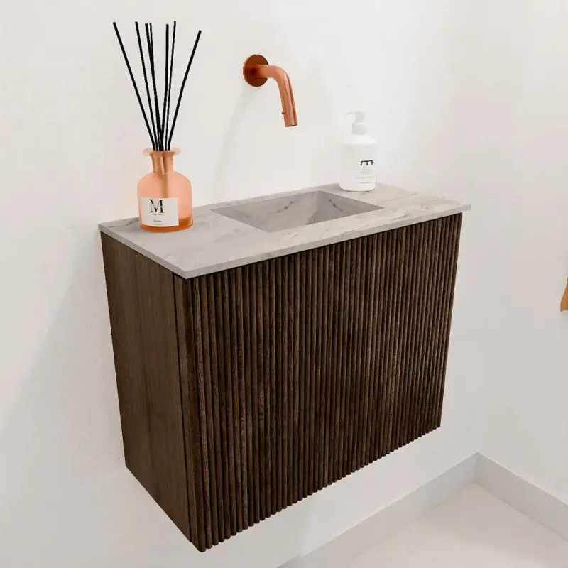 Mondiaz Joya DLux 50cm toiletmeubel walnut met wastafel faye rechts zonder kraangat glace Dagaanbieding