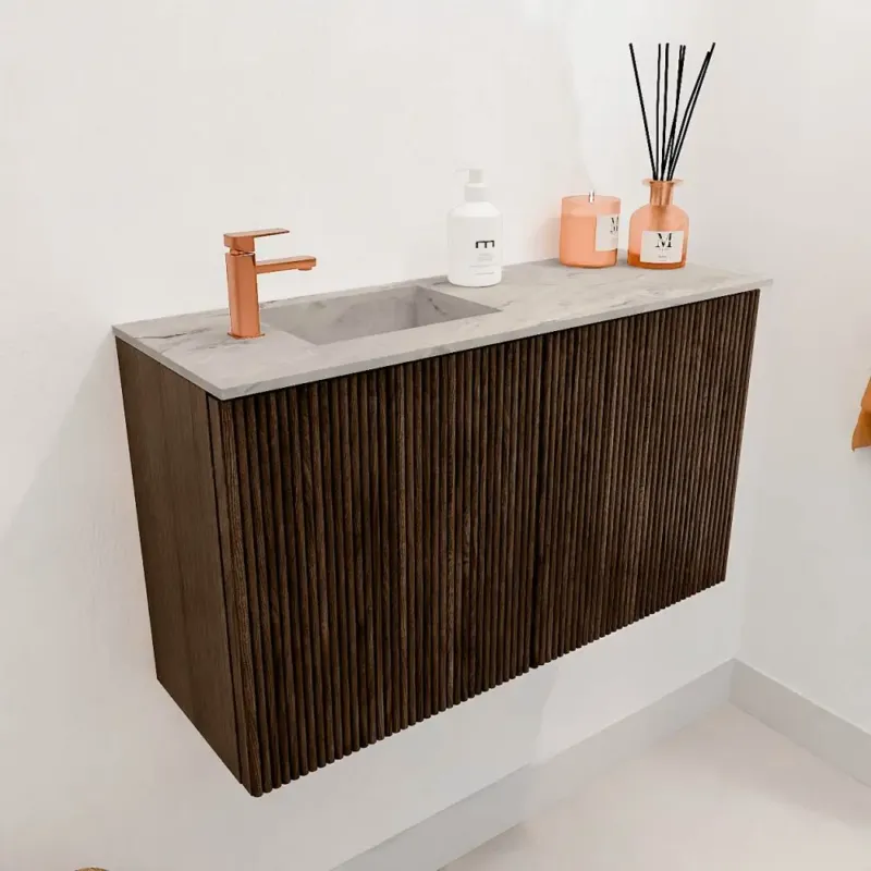 Mondiaz Joya DLux 70cm toiletmeubel walnut met wastafel faye links 1 kraangat glace Lage Prijs
