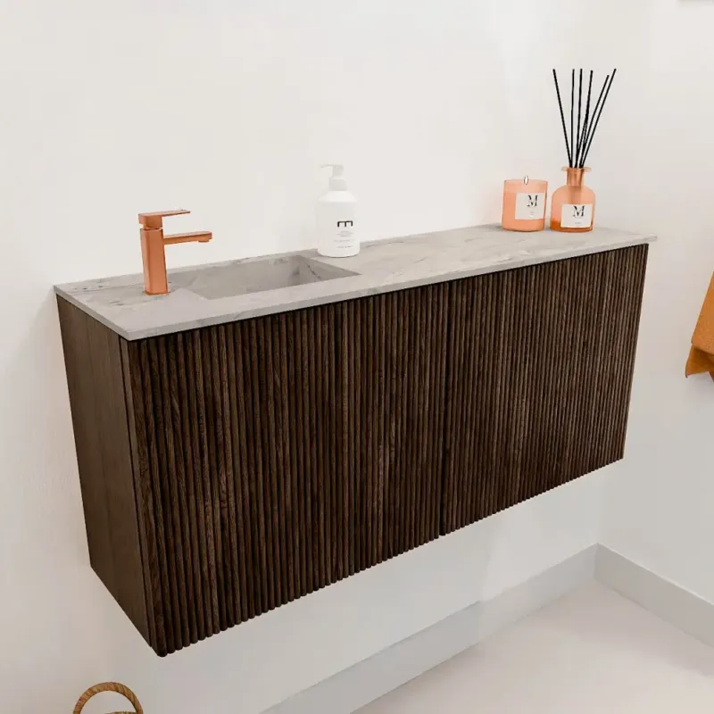 Uitverkoop Mondiaz Joya DLux 90cm toiletmeubel walnut met wastafel faye links 1 kraangat glace