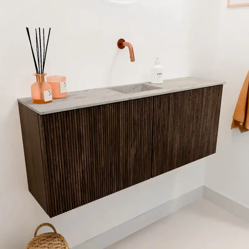 Weekendaanbieding Mondiaz Joya DLux 100cm toiletmeubel walnut met wastafel faye midden zonder kraangat glace