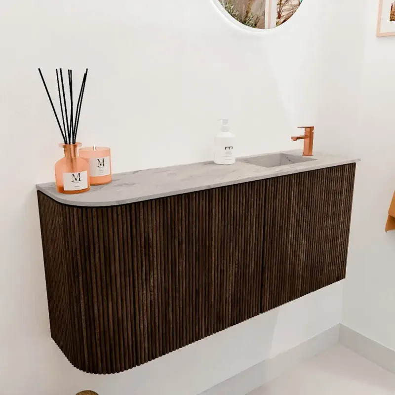Must-Have Mondiaz Joya DLux 90cm toiletmeubel ronding links walnut met wastafel faye rechts 1 kraangat glace
