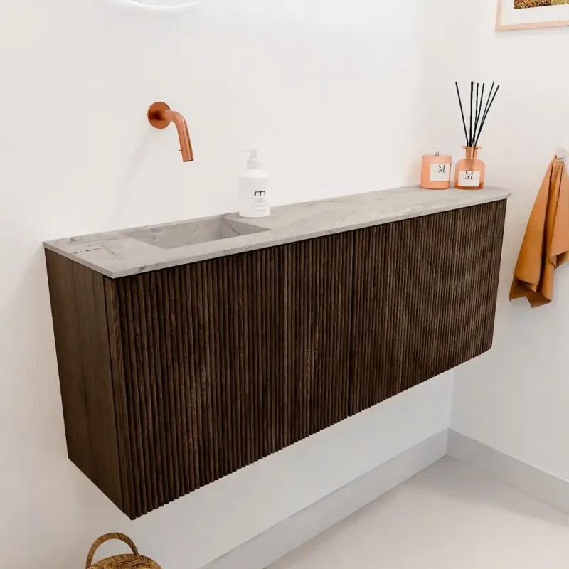 Goedkoop Mondiaz Joya DLux 110cm toiletmeubel ronding rechts walnut met wastafel faye links zonder kraangat glace