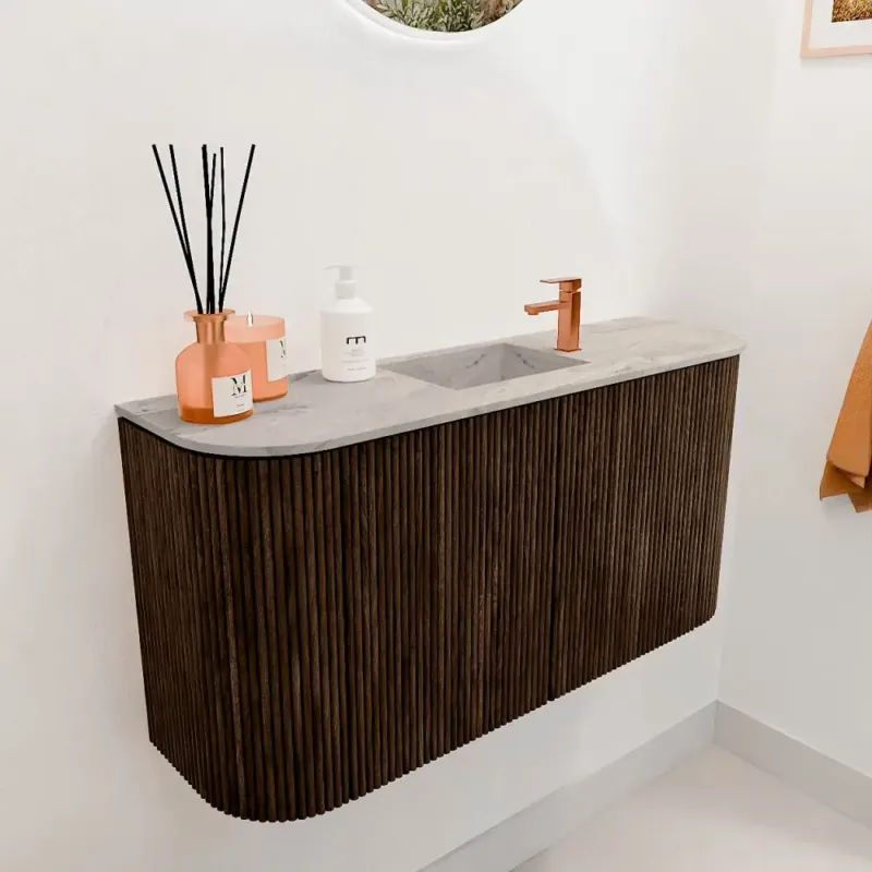 Hoge Kwaliteit Mondiaz Joya DLux 85cm toiletmeubel ronding links/rechts walnut met wastafel faye midden 1 kraangat glace