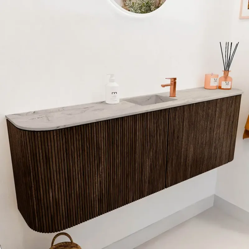 Actieprijs Mondiaz Joya DLux 125cm toiletmeubel ronding links/rechts walnut met wastafel faye midden 1 kraangat glace