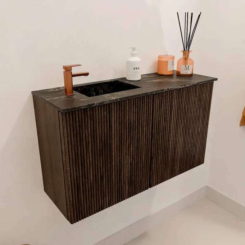 Weekendaanbieding Mondiaz Joya DLux 70cm toiletmeubel walnut met wastafel faye links 1 kraangat lava