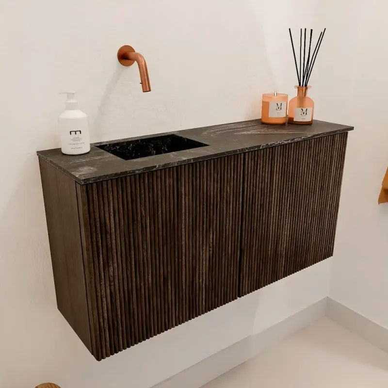 Uitverkoop Mondiaz Joya DLux 80cm toiletmeubel walnut met wastafel faye links zonder kraangat lava