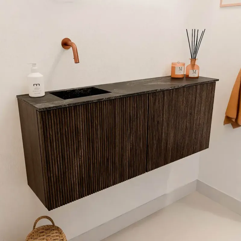 Uitverkoop Mondiaz Joya DLux 100cm toiletmeubel walnut met wastafel faye links zonder kraangat lava