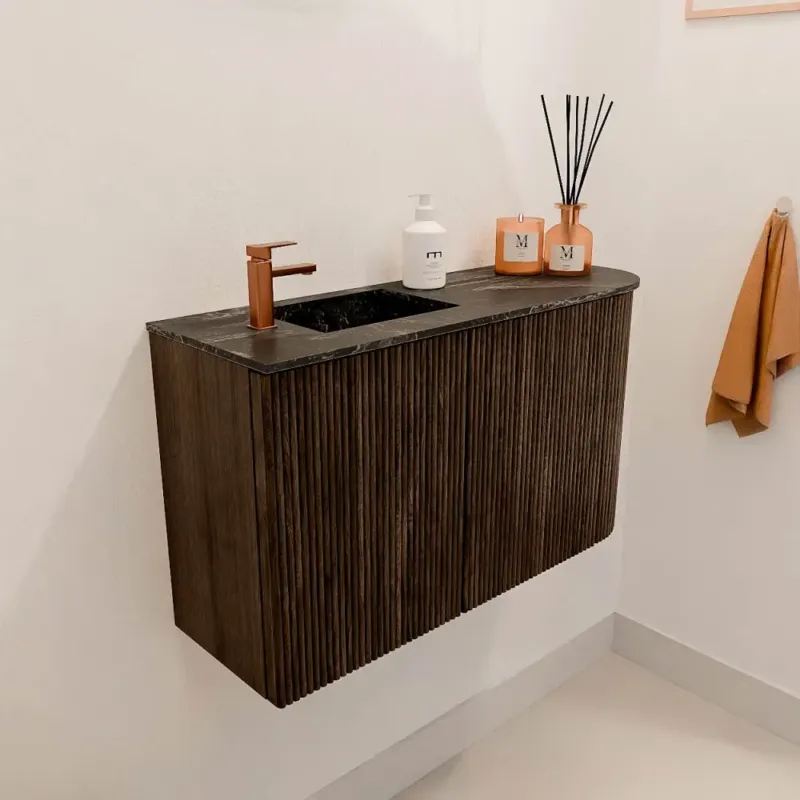 Alleen Vandaag Mondiaz Joya DLux 70cm toiletmeubel ronding rechts walnut met wastafel faye links 1 kraangat lava