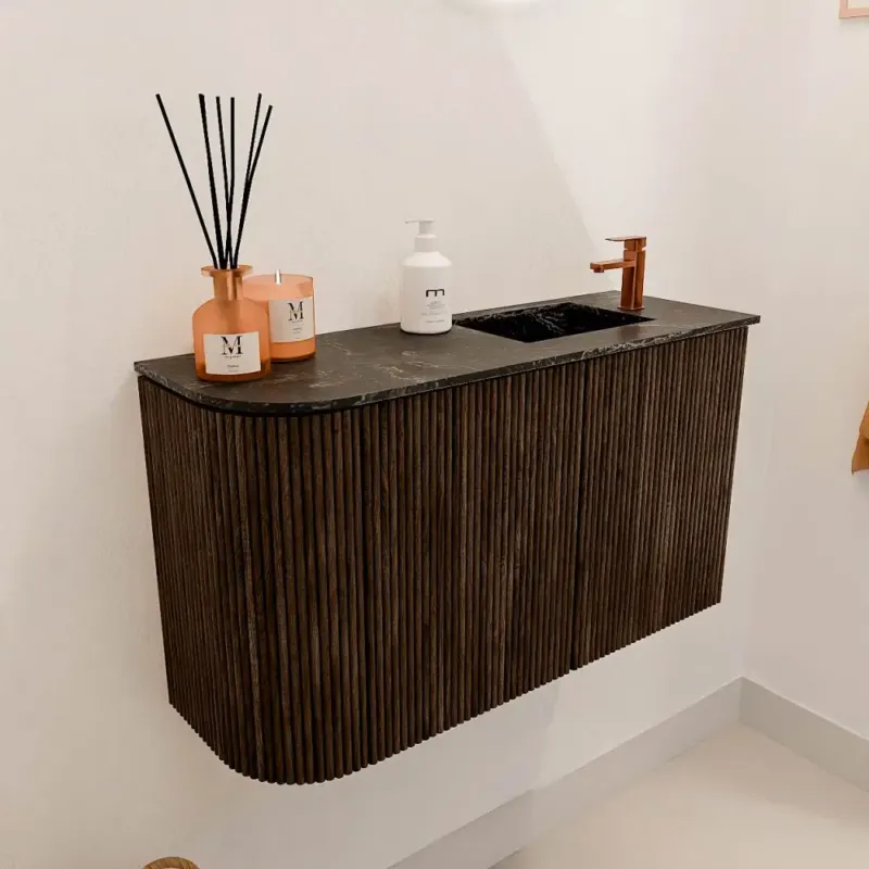 Mondiaz Joya DLux 70cm toiletmeubel ronding links walnut met wastafel faye rechts 1 kraangat lava Nu Kopen