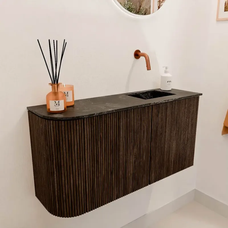 Mondiaz Joya DLux 80cm toiletmeubel ronding links walnut met wastafel faye rechts zonder kraangat lava Op = Op