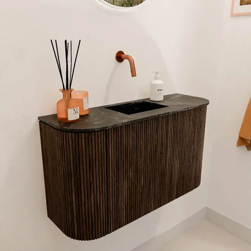 Voordeelprijs Mondiaz Joya DLux 75cm toiletmeubel ronding links/rechts walnut met wastafel faye midden zonder kraangat lava