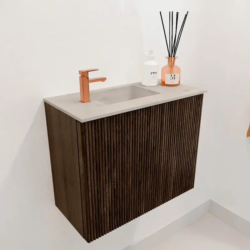 Uitverkoop Mondiaz Joya DLux 50cm toiletmeubel walnut met wastafel faye links 1 kraangat opalo