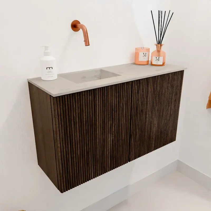 Voordeelprijs Mondiaz Joya DLux 70cm toiletmeubel walnut met wastafel faye links zonder kraangat opalo
