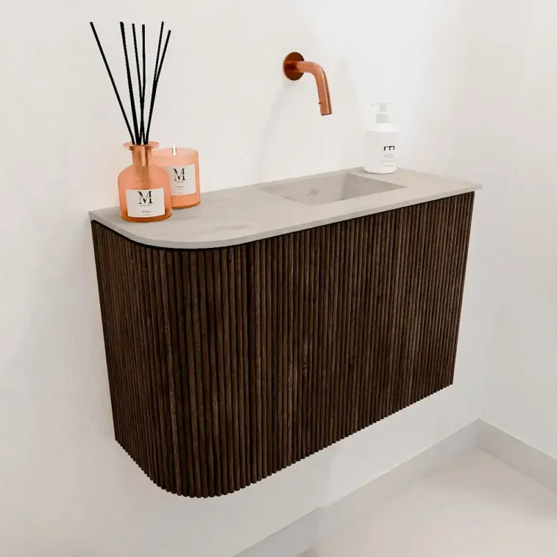 Alleen Vandaag Mondiaz Joya DLux 60cm toiletmeubel ronding links walnut met wastafel faye rechts zonder kraangat opalo