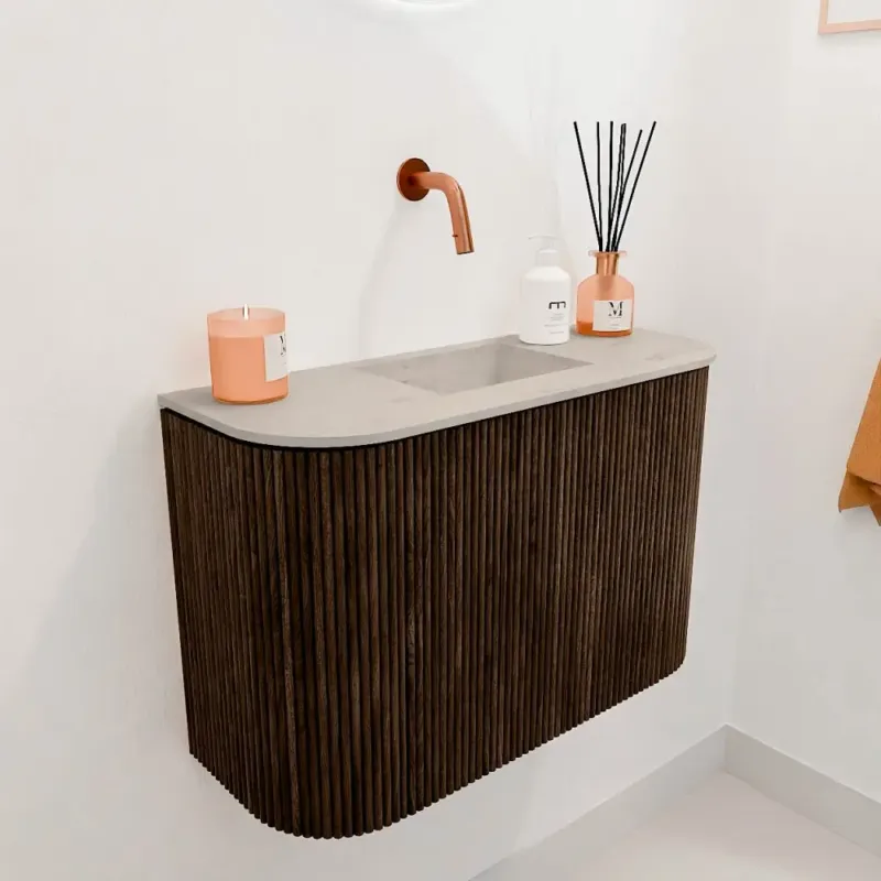 Uitverkoop Mondiaz Joya DLux 65cm toiletmeubel ronding links/rechts walnut met wastafel faye midden zonder kraangat opalo