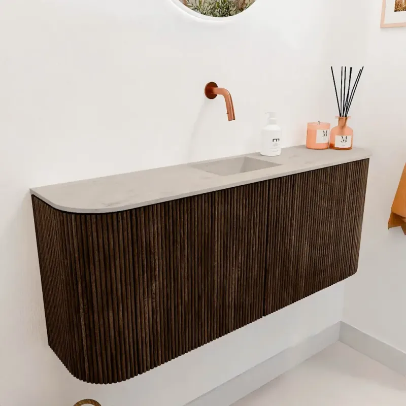 Aanbieding Mondiaz Joya DLux 105cm toiletmeubel ronding links/rechts walnut met wastafel faye midden zonder kraangat opalo