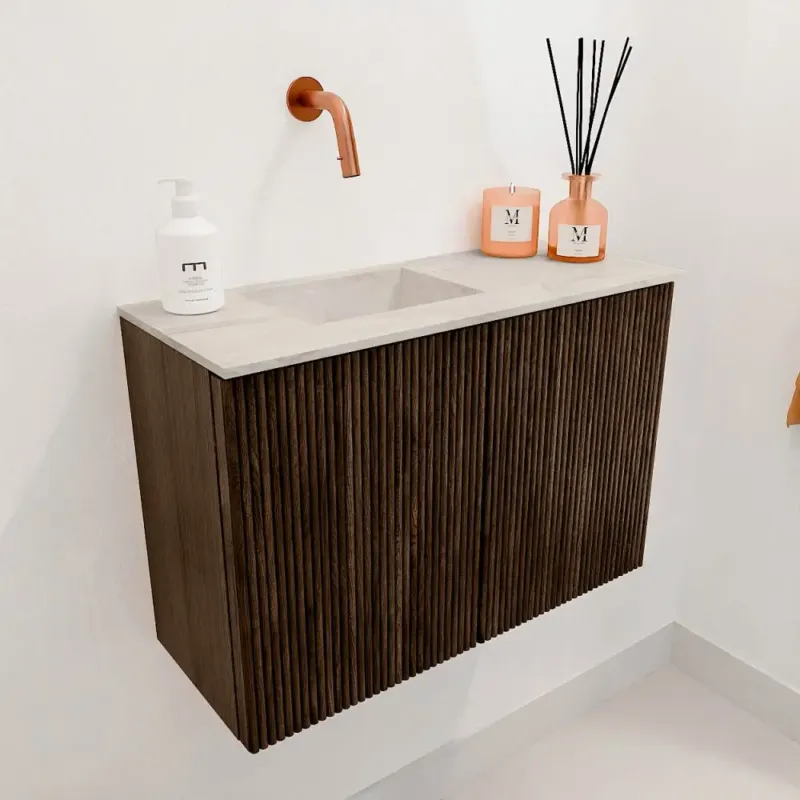 Mondiaz Joya DLux 60cm toiletmeubel walnut met wastafel faye links zonder kraangat ostra Gereduceerde Prijs