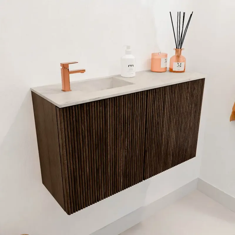 Mondiaz Joya DLux 70cm toiletmeubel walnut met wastafel faye links 1 kraangat ostra Aanbieding