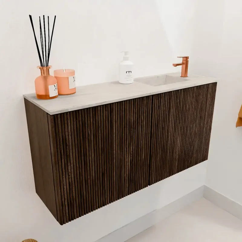 Fabrieksprijs Mondiaz Joya DLux 80cm toiletmeubel walnut met wastafel faye rechts 1 kraangat ostra