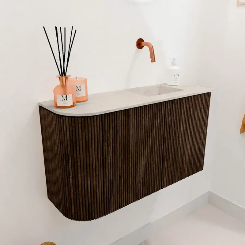 Mondiaz Joya DLux 70cm toiletmeubel ronding links walnut met wastafel faye rechts zonder kraangat ostra Meest Verkocht