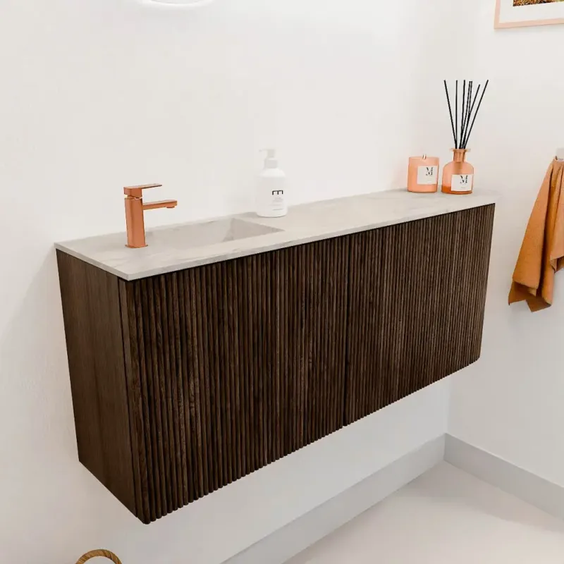 Aanbieding Mondiaz Joya DLux 100cm toiletmeubel ronding rechts walnut met wastafel faye links 1 kraangat ostra