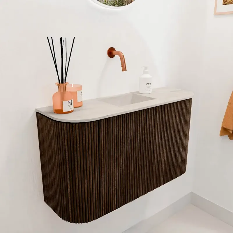 Tijdelijk Beschikbaar Mondiaz Joya DLux 75cm toiletmeubel ronding links/rechts walnut met wastafel faye midden zonder kraangat ostra